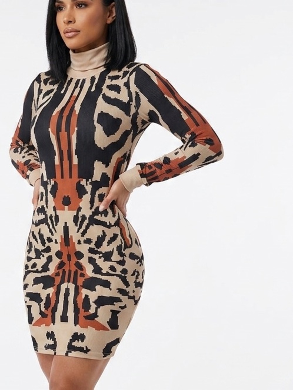 Stretchy Animal Print Long Sleeve Dress - Ribbed Turtleneck Bodycon Mini